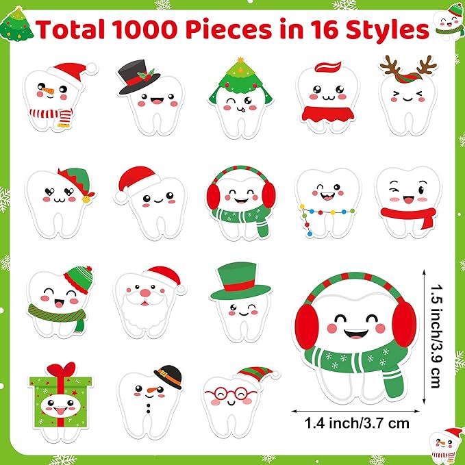 CJiangpo 1000Pcs Christmas Tooth Stickers - 2 Rolls Cute Xmas Dental Teeth Fairy Sticker Decals for Laptop Water Bottle Scrapbook DIY Crafts, Christmas Party Decoration Gift for Kids Dentist Schools