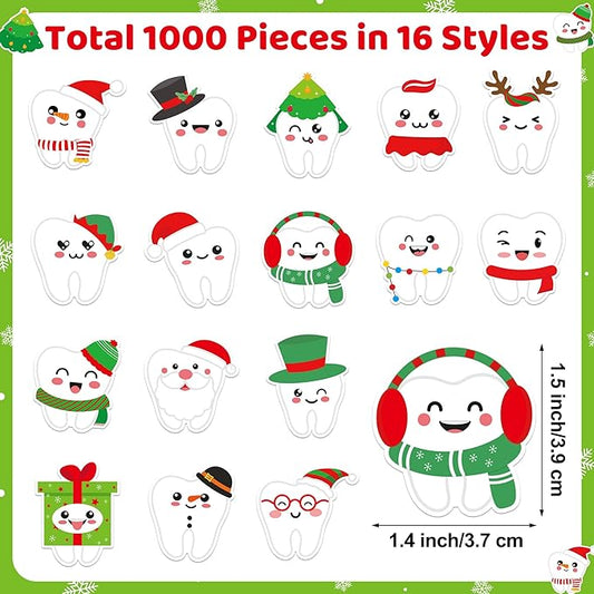 CJiangpo 1000Pcs Christmas Tooth Stickers - 2 Rolls Cute Xmas Dental Teeth Fairy Sticker Decals for Laptop Water Bottle Scrapbook DIY Crafts, Christmas Party Decoration Gift for Kids Dentist Schools