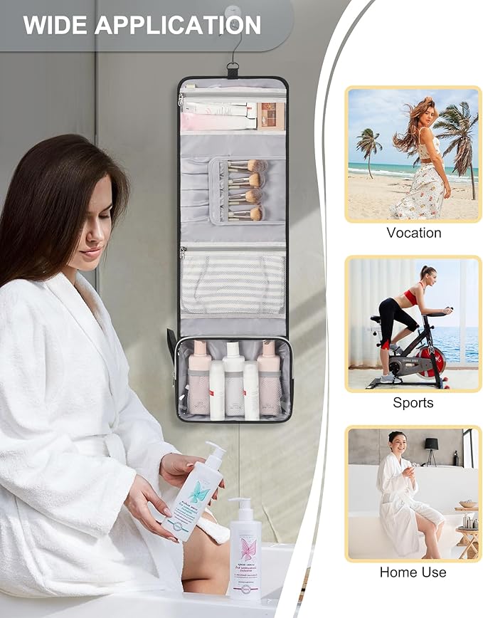 Travel Hanging Toiletry Bag with Makeup Brush Board, Portable Toiletries Bag with Hanging Hook, Water Resistant Wash Bag, Makeup Organizer with Cosmetics for Full Sized Travel Essentials - Black