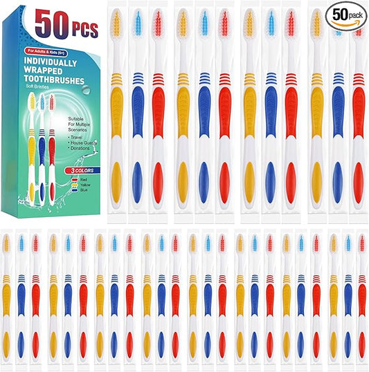 Navona 50 PCS Individually Wrapped Bulk Toothbrush Pack, Disposable Toothbrush, Toothbrushes Bulk for Adults, Kids Toothbrushes, Soft Bristle, Ergonomics Handle, Perfect for Travel, Hotel, Donation