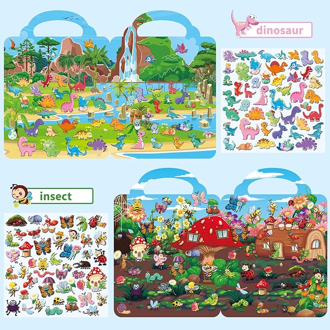 6 Set Reusable Sticker Books for Toddlers 1-3 2-4, Kids 3D Puffy Stickers (Dinosaurs, Forest, Town, Pets, Construction, Insects), Sticker Activity Books