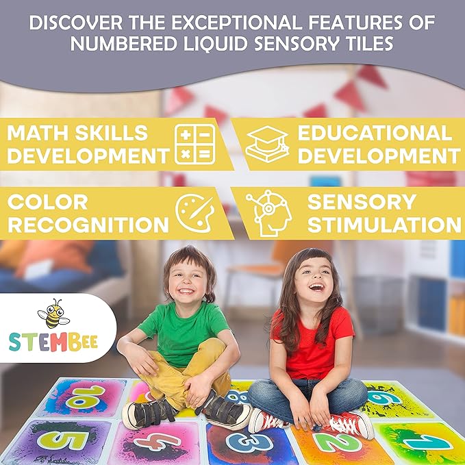 10-Pack Numbered Liquid Sensory Tiles, 12" x 12" Activity Play Mats for Toddlers Kids Boys Girls, Colorful Sensory Water Mat, Floor Activity Mat, Childhood Educational Toddler Learning Toys