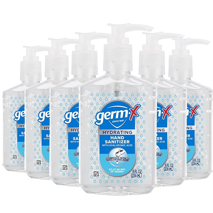 Germ-X Hydrating Hand Sanitizer, with Hyaluronic Acid, 8 FL Oz (Pack of 6), No Rinse Formula, Sanitizing Liquid Gel for All Skin Types, Formulated without Parabens, Phthalates & Dyes