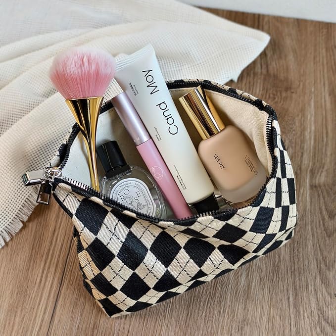 STARDW Parallel Checkered Makeup Bag Cute Cosmetic Bags for Women Girls, Travel Toiletry Bag Large Capacity Zipper Makeup Pouch, Purse Organizer Pouches