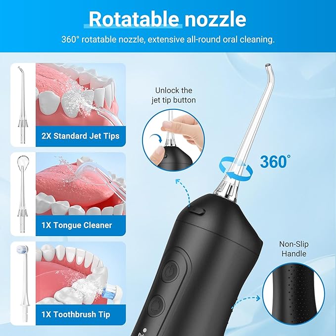 Portable Water Flosser for Teeth - 4 Modes Cordless Oral Irrigator with 300ML Tank, 360° Rotating Nozzle, 4 Jet Tips, Rechargeable, IPX7 Waterproof, Low Noise Gravity Ball Design (M159 - Black)