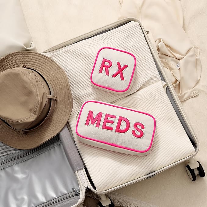 2Pcs Small Canvas Rx MEDS Medicine Packages, Cute Chenille Letter Patch Drug Makeup Bag with Metal Zipper, Mini Travel First Aid Purse Organizer Machine Washable (06 2pcs Hot Pink)