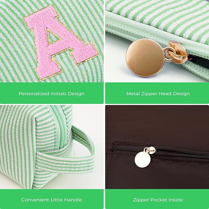 Makeup Bag Set Initials Cosmetic Bag,Gifts for 10 11 12 13 14 15 16 17 18 Years Old Girl Girlfriend Teen Girls Gift Trendy Stuff Personalized Toiletry Bag Travel - Green,A