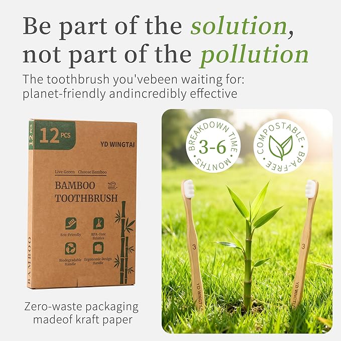 Bamboo Toothbrush BPA-Free Bristles Biodegradable Handle Ergonomic Design 12 Pack Natural Wooden Oral Care Set for Adults