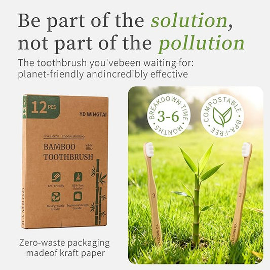 Bamboo Toothbrush BPA-Free Bristles Biodegradable Handle Ergonomic Design 12 Pack Natural Wooden Oral Care Set for Adults