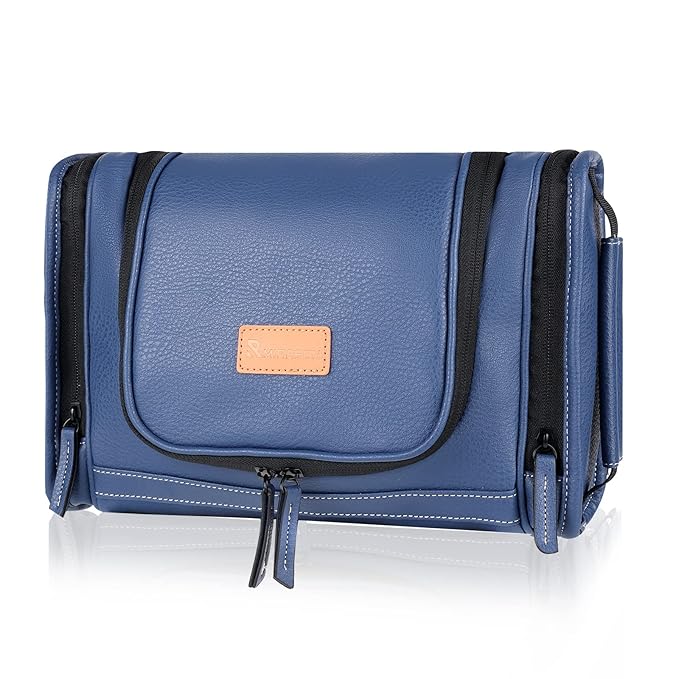 MIRASON Hanging Toiletry Bag for Men PVC Leather Dopp Kit Waterproof Travel Organizer Bag with Sturdy Metal Hook and Handle for Bathroom Shower Cosmetics Camping Brushes Shaving (Blue)