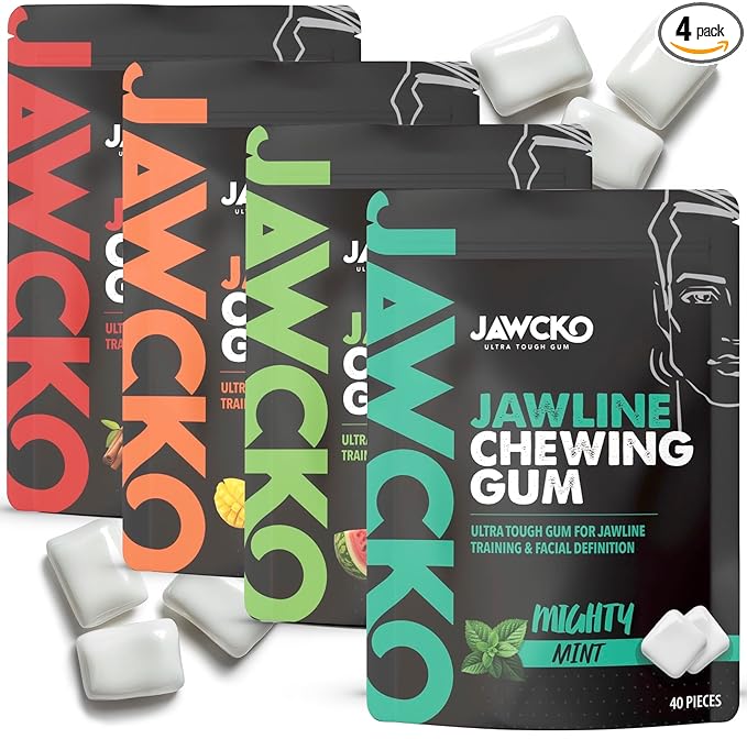 JAWCKO Ultra-tough Jawline Chewing Gum Variety 4-Pack | Get a Stronger, Squarer Jawline | 15X Hardness | Jaw Training Hard Gum | Chisel, Sculpt, Tone your Jaw | Facial Fitness Mewing Gum | 4X Flavors