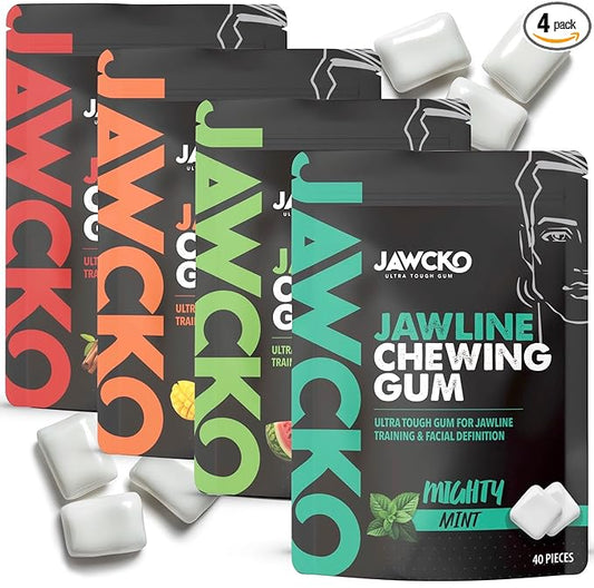 JAWCKO Ultra-tough Jawline Chewing Gum Variety 4-Pack | Get a Stronger, Squarer Jawline | 15X Hardness | Jaw Training Hard Gum | Chisel, Sculpt, Tone your Jaw | Facial Fitness Mewing Gum | 4X Flavors