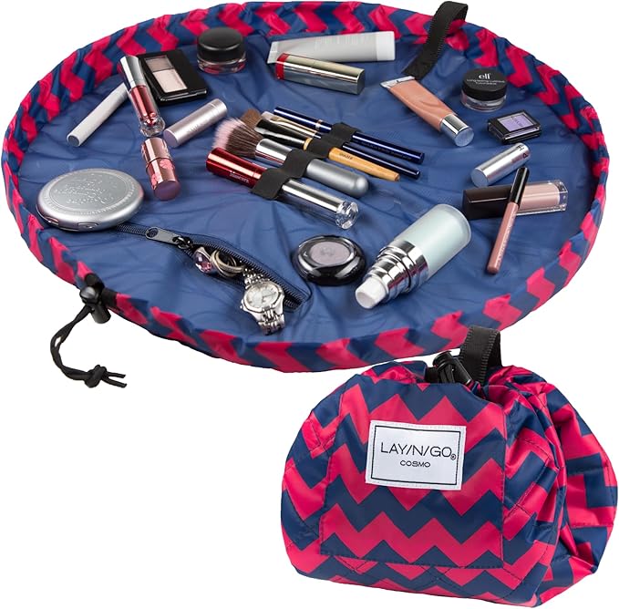 Lay-n-Go Cosmo Drawstring Cosmetic & Makeup Bag Organizer - Portable Drawstring Makeup Bag w/Zipper Pocket, Makeup Loops & More - Durable, Machine Washable Toiletry Bag (20", Pink Chevron)