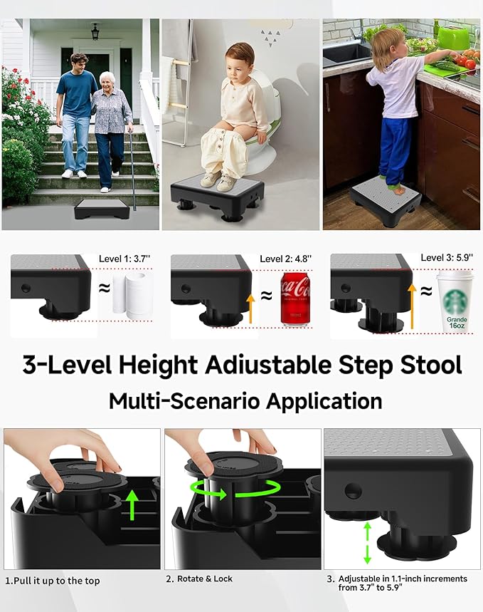 Adjustable Step Stool for Adults, Toddler Step Stools, 600 LBS Capacity Non-Slip Safety Step Platform for Elderly and Kids, Portable Stair Assist for Cars, Bedside, Kitchen, and Shower, Grey