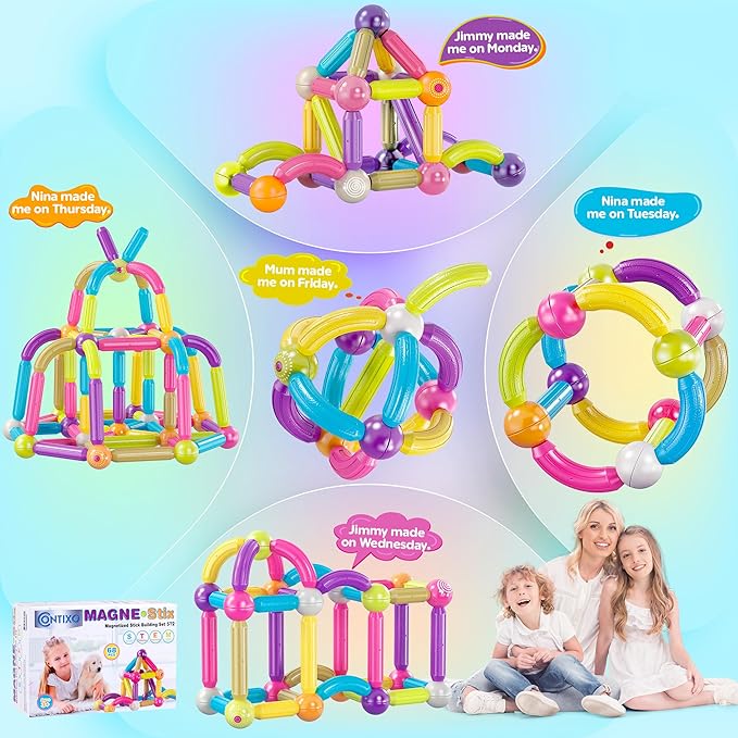 Contixo ST2 Kids Magnetic Stix Stick 68 PCs 3D Building Blocks STEM Construction Playboards Creativity, Imagination, Recreational, Educational for Children Toddler, 3+ Year Old Boys and Girls