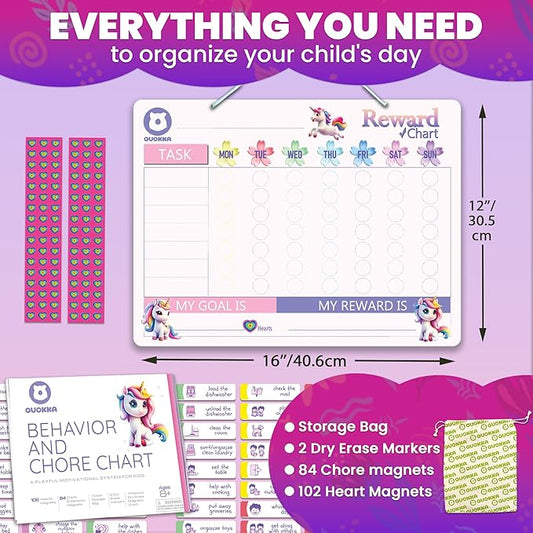 QUOKKA Magnetic Kids Chore Chart - Behavior Chore Chart for Kids at Home - Pink Reward Visual Schedule - Dry and Erase Routine Responsibility - Use 99 Magnets Markers Stickers - from Toddlers to Teens