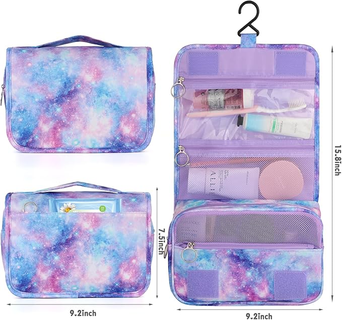 Kids Hanging Toiletry Bag for Girls, Travel Toiletry Bag for Little Young Teen Girls Cosmetic Makeup Waterproof Wash Bag Traveling Toiletries, Galaxy Purple