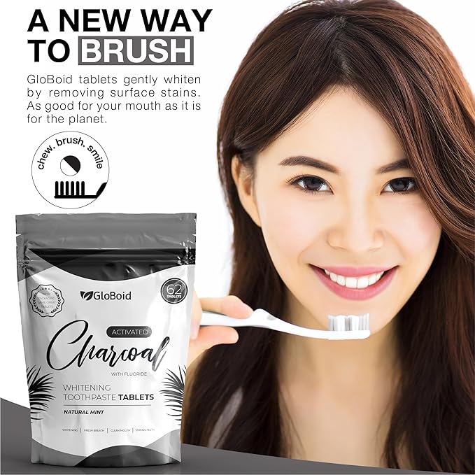 GloBoid Charcoal Toothpaste Tablets with Fluoride, Zero Waste Toothpaste Bits, Eco Friendly Toothpaste Tabs, Plastic Free Toothpaste Bites - 1 Month Supply - 62 Count - Mint