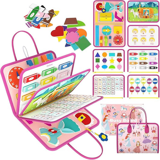 Freebear Deluxe Pink Princess Quiet Book Sensory Board for Toddlers 1-4, Montessori Educational Toys for Girls, Travel Toys with Activities