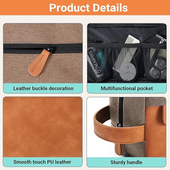 Elviros Travel Toiletry Bag for Men, Hanging Toiletries Bag Water Repellent Dopp Kit PU Leather Travel Bag for Toiletries Accessories, Khaki