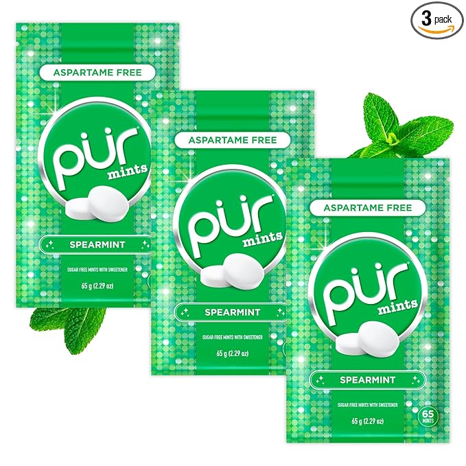 PUR Mints | Aspartame Free Breath Mints | Made with Xylitol | Sugar Free, Vegan, Gluten Free | Natural Spearmint Flavor | 65 Pieces in Re-Sealable pouch (Pack of 3)