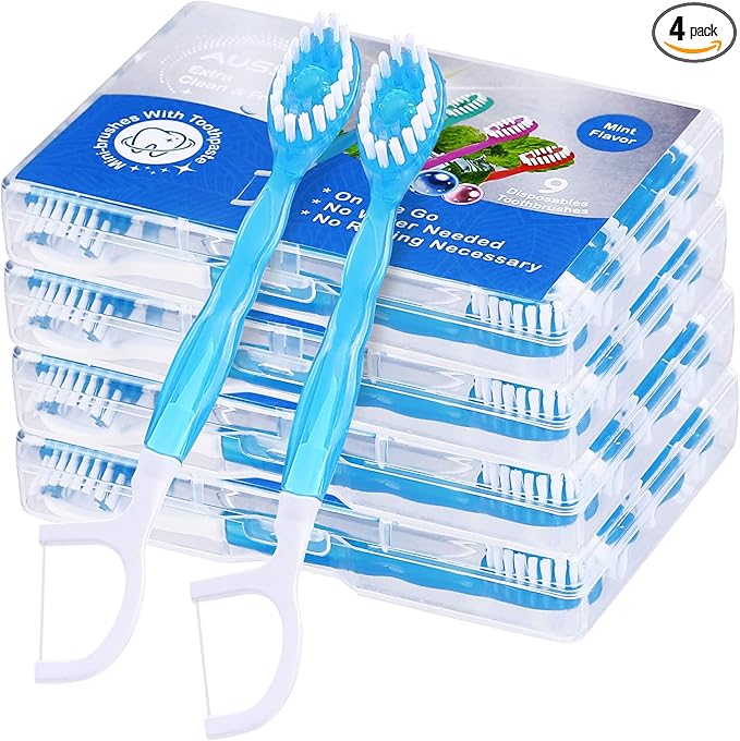 36 Pack Mini Disposable Toothbrushes – 5-in-1 Prepasted Travel Toothbrush with Toothpaste Floss & Pick for Hotel Camping Flight Car Guest Use – 9ct per Portable Case Essentials for Women Men Kids