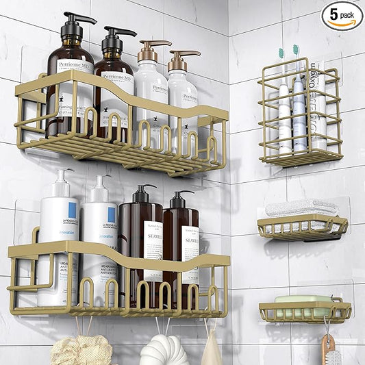 EUDELE 5-Pack Rustproof Stainless Steel Shower Caddy – No Drill Adhesive Bathroom Organizer with Large Capacity, Spacious Shower Shelves for Inside Shower, Kitchen & Home Decor Storage-XL Size