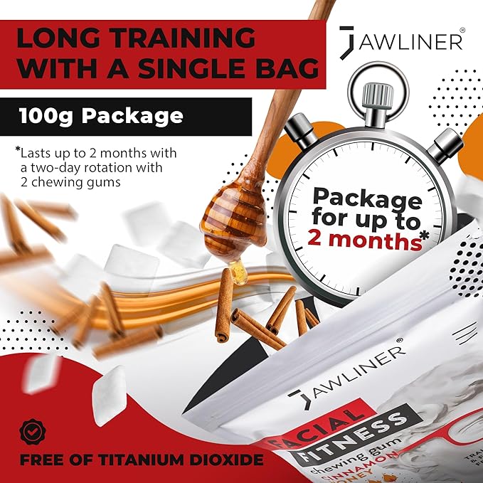 Jawliner® - Pioneers the Toughest Handmade 15x Harder Jawline Gum Includes 12 Weeks Coaching - Sugar-Free Cinnamon Honey Chewing Gum - Jawline Exerciser for Mewing & Shaping the Jaw (6 Months Pack)