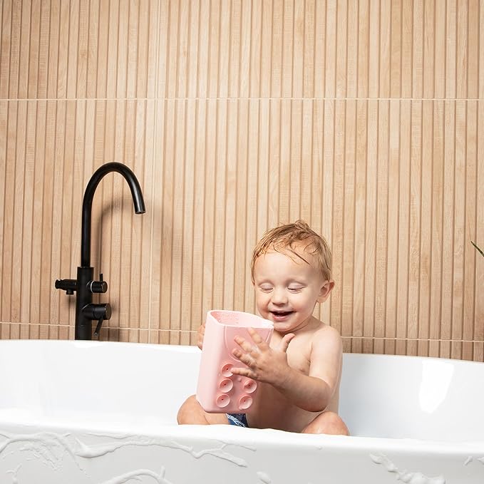 Baby Bath Cup with Suctions - BPA Free, 100% Food Grade Silicone Rinse Cup, Clutter-Free Tub Area, Kids Learning Tool, Sticks to Tiles, Drains Water Upside Down-"Patent Pending"