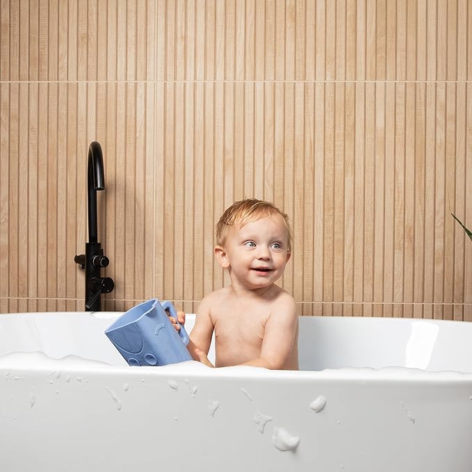 Baby Bath Cup with Suctions - BPA Free, 100% Food Grade Silicone Rinse Cup, Clutter-Free Tub Area, Kids Learning Tool, Sticks to Tiles, Drains Water Upside Down- patent pending