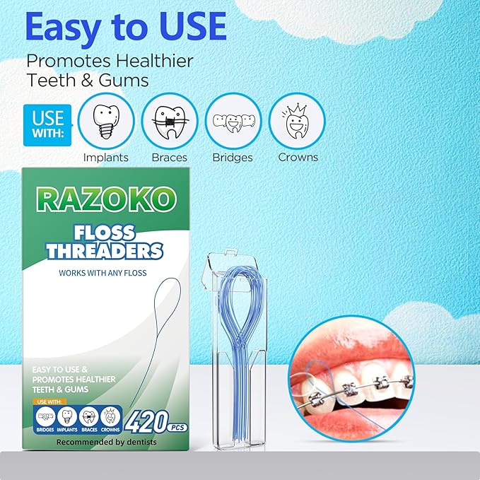 RAZOKO Floss Threaders | Dental Floss Threaders for Braces, Bridges, and Implants |420PCS (Pack of 6)