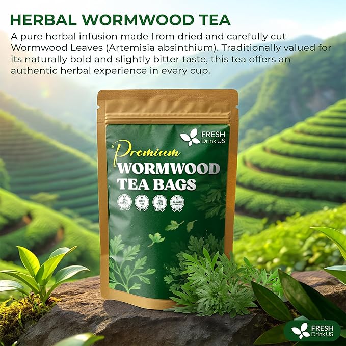 FreshDrinkUS, Premium Wormwood Tea - 40 Tea Bags - Handcrafted Herbal Blend, Caffeine-Free – Smooth Taste & Naturally Refreshing.