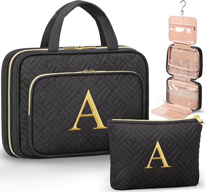 Personalized Gifts for Women, Initial Toiletry Bag Hanging Travel Organizer & Makeup Cosmetic Bag with Embroidery Letter Teacher Appreciation Gift Birthday Christmas Gifts for Mom Wife Friend Sister