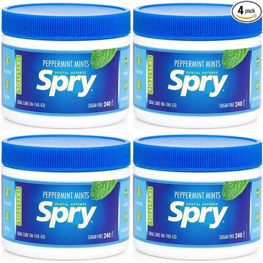 Spry Xylitol Peppermint Sugar Free Candy - Promote Oral Health, Increase Saliva Production, Stop Bad Breath, Non-GMO, Gluten-Free, 240 Count (Pack of 4)