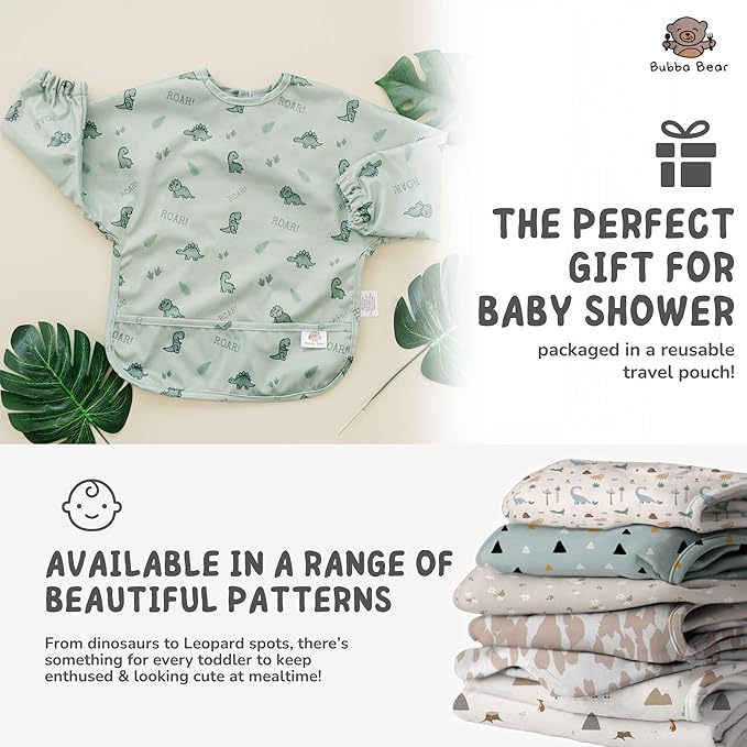 Bubba Bear Baby Bib with Sleeves, Long Sleeve Toddler Feeding Apron Bibs for Eating & Lead Weaning, Mess Proof Full Sleeved