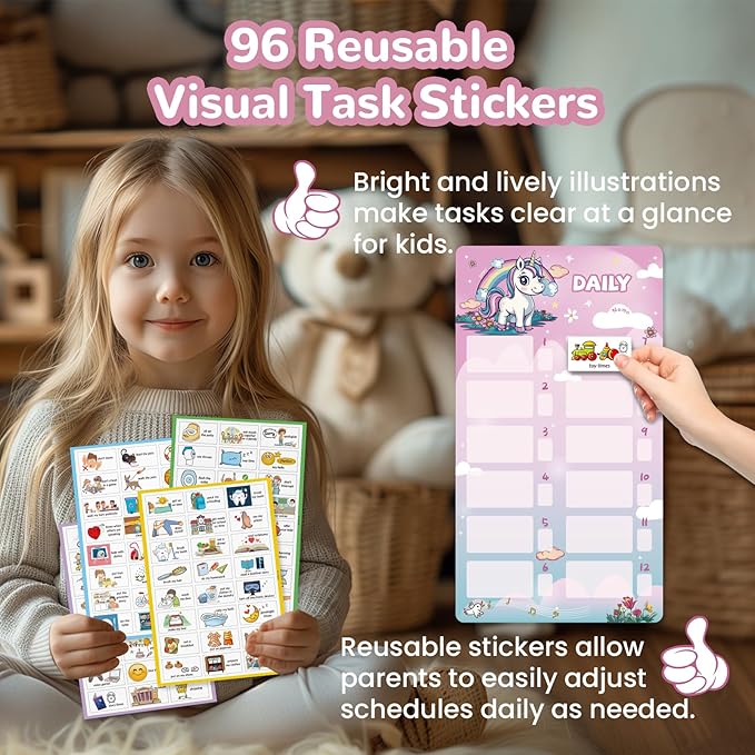 JJPRO Magnetic Bedtime/Morning/Daily Routine Chart for Kids with Smiley Faces Reward Jar-Dry Erase Bedtime Routine Chart,Visual Schedule Board for Toddlers Behavior Reward Chart -Unicorn