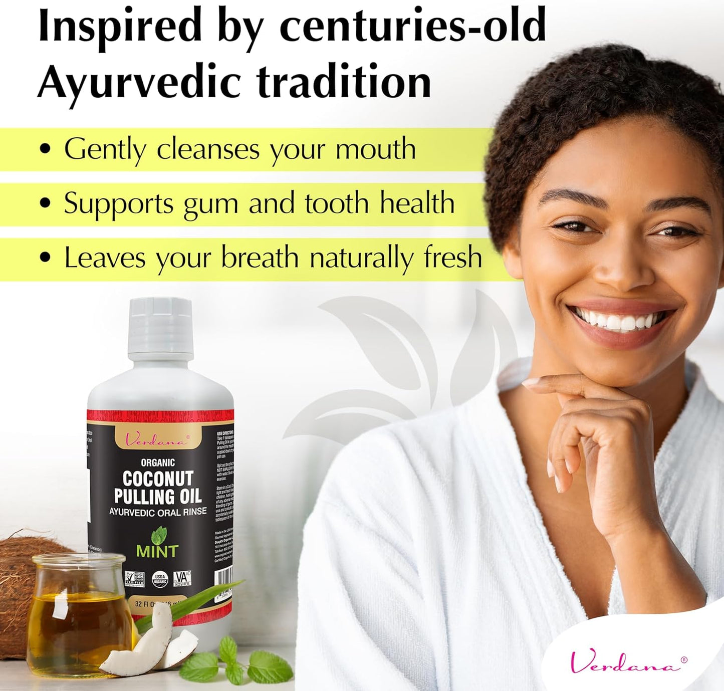 Verdana Organic Oil Pulling for Teeth & Gums – 32 oz Mint – USDA Organic Coconut Pulling Oil Rinse – Alcohol-Free, Fluoride-Free – Natural Mouthwash for Fresh Breath, Gum Health & Oral Detox