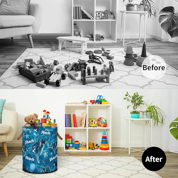 Shark 62L Laundry Basket for Clothes Books Toys Adult Kids Rotundity Laundry Hampers Bin for Bathroom Kitchen Hotel