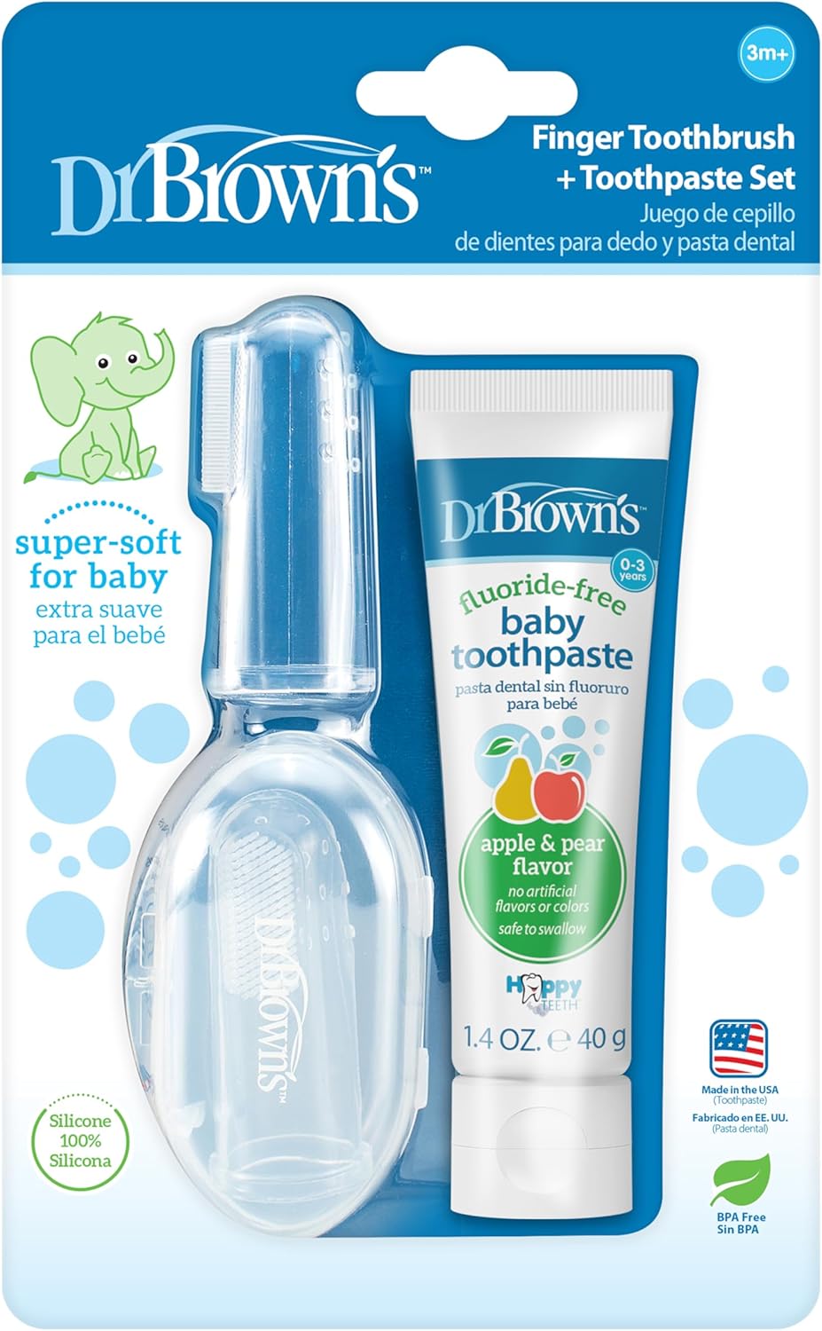 Dr. Brown's 100% Silicone Baby Finger Toothbrush and Toothpaste Set, 2-Pack Toothbrush with Storage Case, Fluoride-Free Apple Pear Toddler Toothpaste
