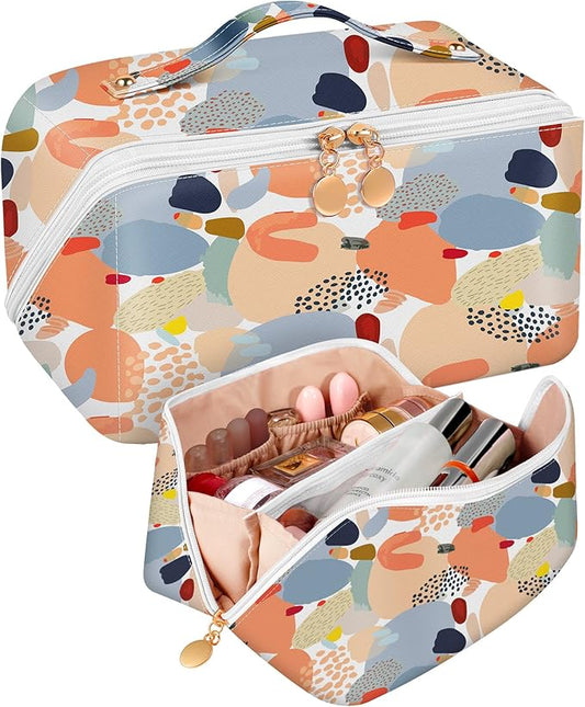 Bistup Makeup Bag Travel Cosmetic Bag Toiletry Make Up Bags Cute Women Large Capacity Big Medium Leather Abstract Aesthetic Portable Teen Girls Teenage Foldable Expandable Compact Open Flat Zip