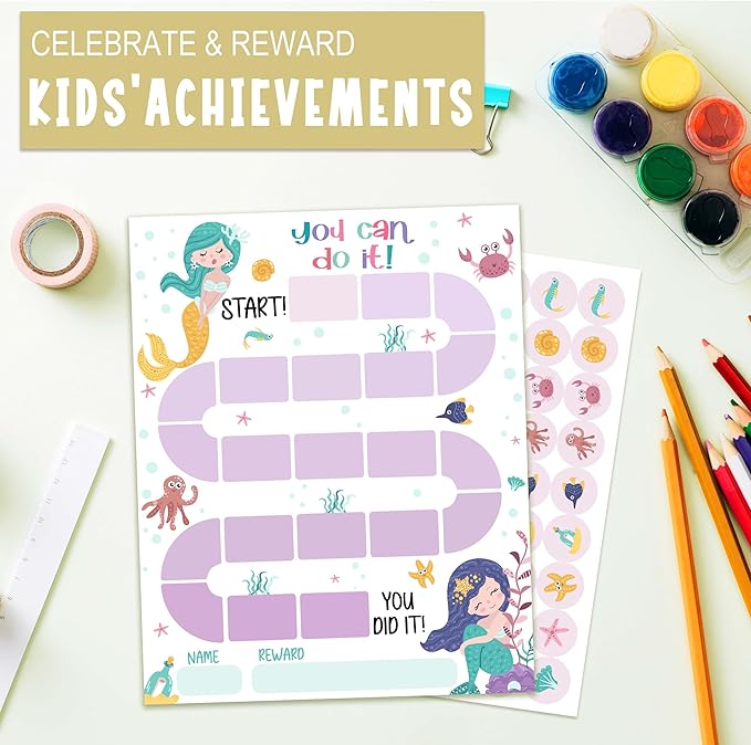 10 Mermaid Reward Chart with 216 Round Stickers, Incentive Behavior Chart for Kids at Home Classroom, Kids Routine Daily Chore Sticker Chart-A11