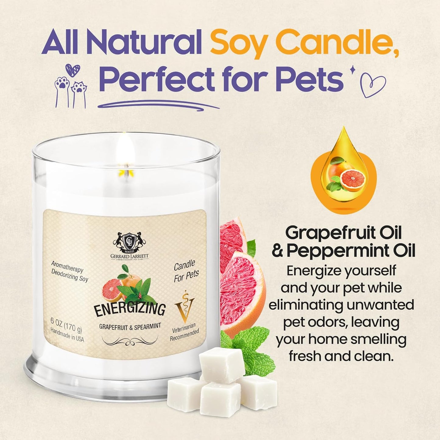 Pet Odor Eliminator Candle Grapefruit and Spearmint Scented Candle, Calming Candles Aromatherapy for Home Decor, Soy Wax Pet Candles Odor Eliminator for Animal Lover, Aromatherapy by Gerrard Larriett