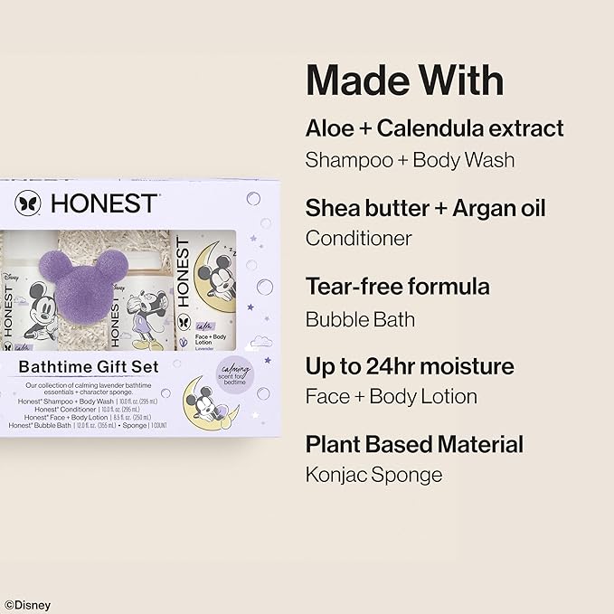 The Honest Company Calm Lavender Bathtime Gift Set and Disney Design Hypoallergenic Bath for Sensitive Baby Skin Shampoo Body Wash Face Lotion Bubble Conditioner Sponge