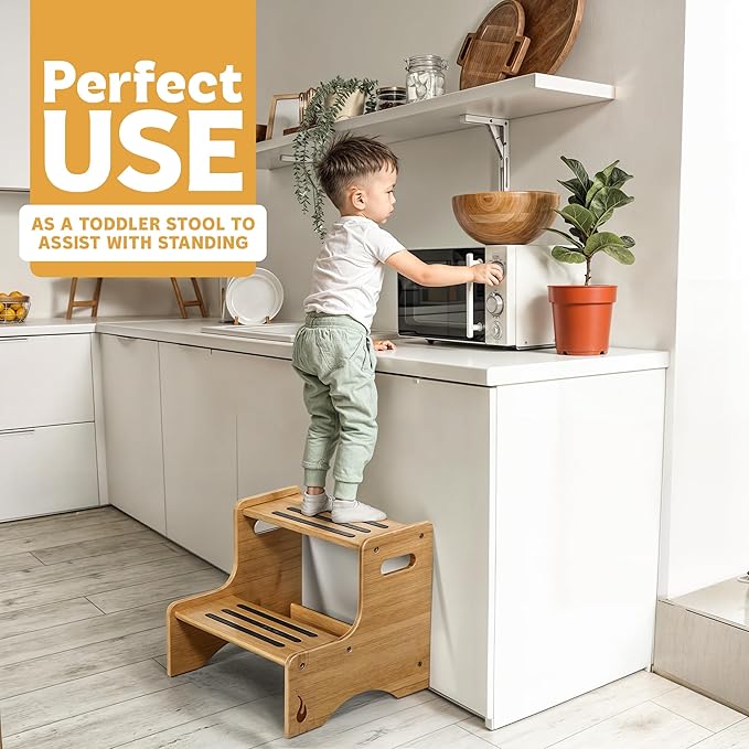 Wooden Kids Step Stool | 13" W by 12" H - 300LB Capacity | Kids Stool & Toddler Stool for Bathroom is Lightweight, Anti-Slip, Easy Assembly with Smooth Rounded Edges, Bamboo Step Stool