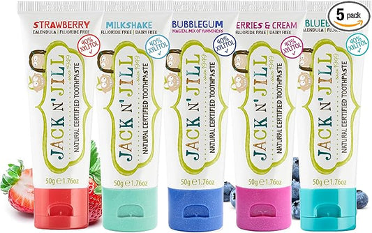 Jack N' Jill Natural Toothpaste for Kids - Fluoride Free Toothpaste, Safe to Swallow, 40% Xylitol, BPA Free - 1.76 oz (Variety Pack of 5)