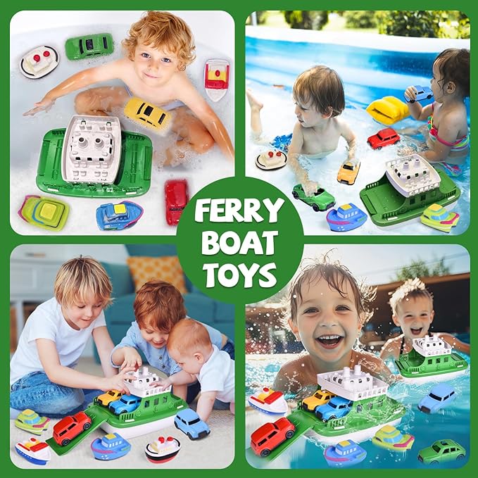 Toy Boat Bath Toys for Toddlers with 4 Mini Car Toys and 4 Bath Boat Squirters, Kids Ferry Boat for Bathtub Bathroom Pool Beach Toys