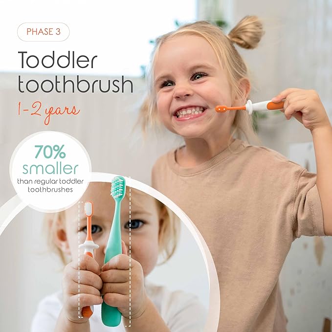 Cherish Baby Care Baby Toothbrush & Toddler Toothbrush Set (0-2 Years) - BPA-Free & Safety-Tested, 2023 Award Winner, Food-Grade Silicone (Orange)