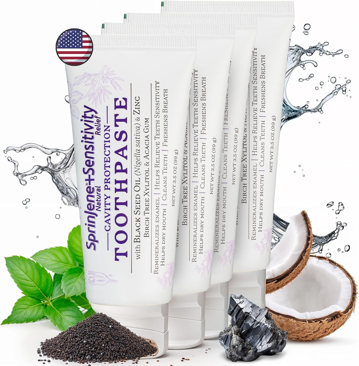 SprinJene Natural Sensitivity Relief Toothpaste – Fluoride Toothpaste for Sensitive Teeth & Cavity Protection – SLS Free with Patented Black Seed Oil & Zinc – Made in The USA (4 Pack)