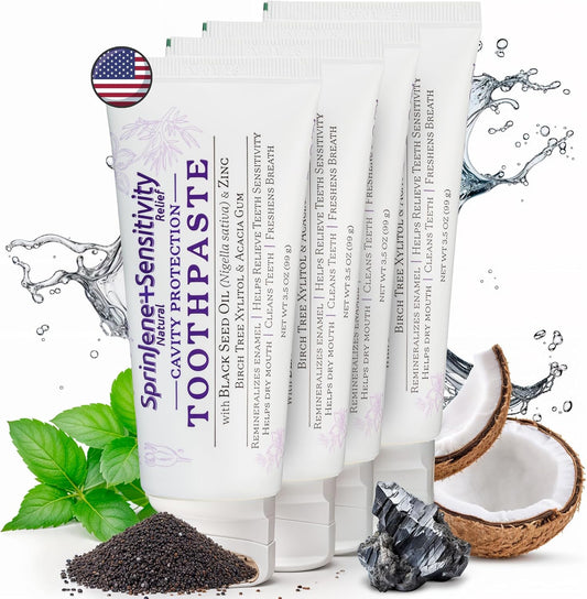 SprinJene Natural Sensitivity Relief Toothpaste – Fluoride Toothpaste for Sensitive Teeth & Cavity Protection – SLS Free with Patented Black Seed Oil & Zinc – Made in The USA (4 Pack)