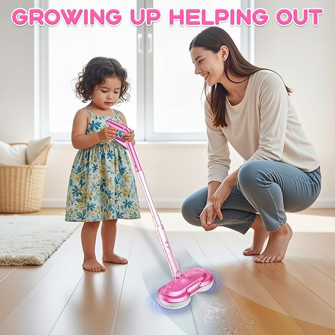 Kids Electric Spin Mop Toy, Rechargeable Cordless Electric Mop W/ Water Sprayer & LED Headlight for Children Ages 3 4 5 6+ Girls & Boys, Cleaning Toy for Pretend Play (Pink)